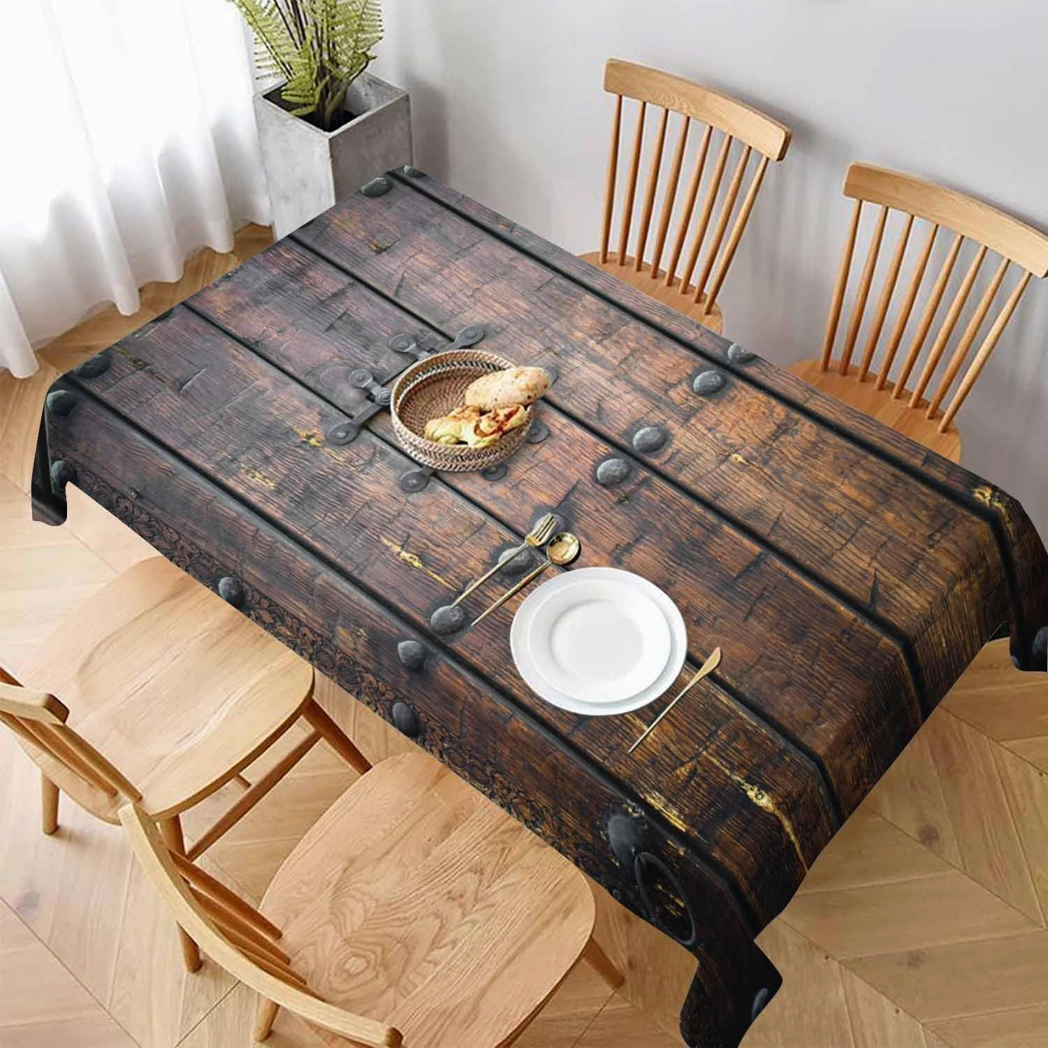 TKS MITLAN Ancient Wooden Door Tablecloth Decor Medieval Background Metal Closed Architectural Table Cloth Dining Room Kitchen Table Cover 60" X 84" Oblong/Rectangle