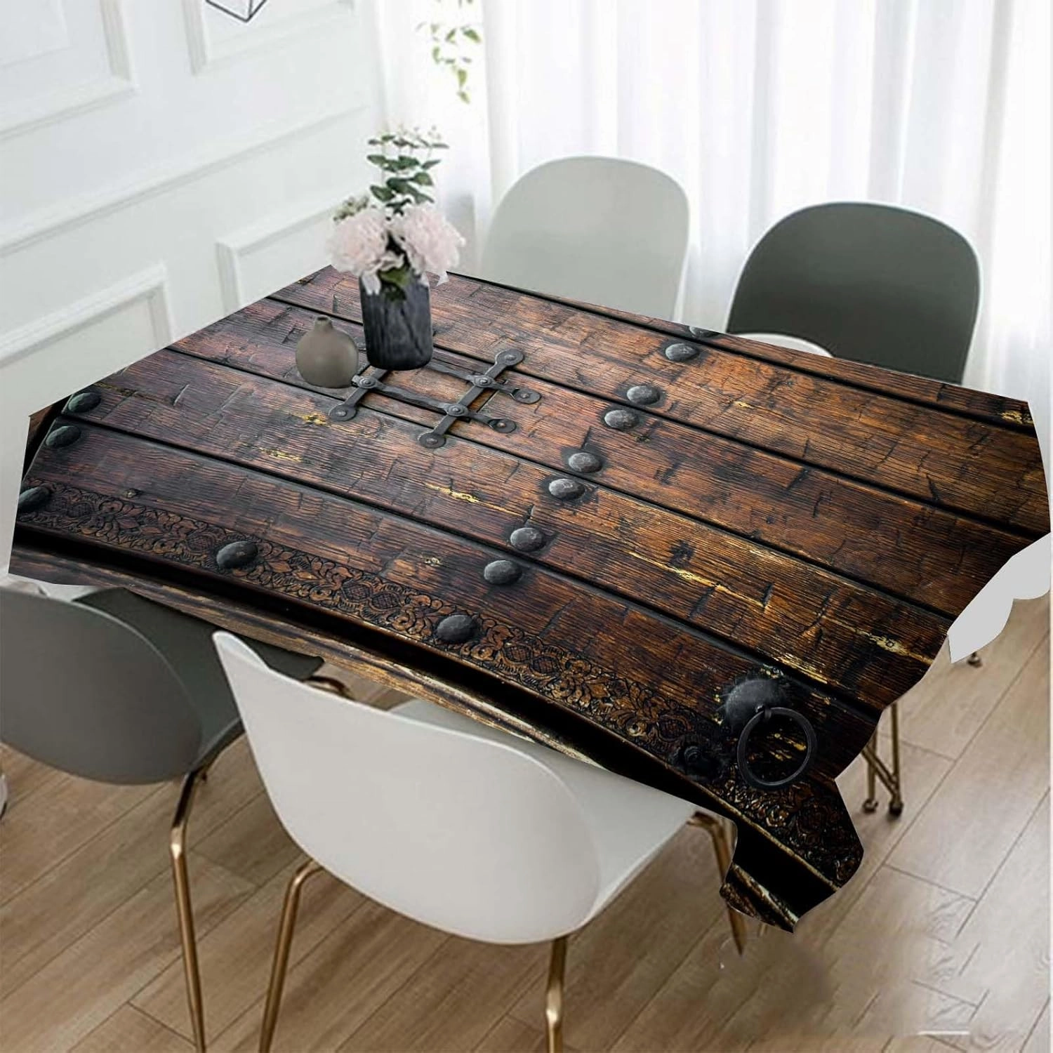 TKS MITLAN Ancient Wooden Door Tablecloth Decor Medieval Background Metal Closed Architectural Table Cloth Dining Room Kitchen Table Cover 60" X 84" Oblong/Rectangle