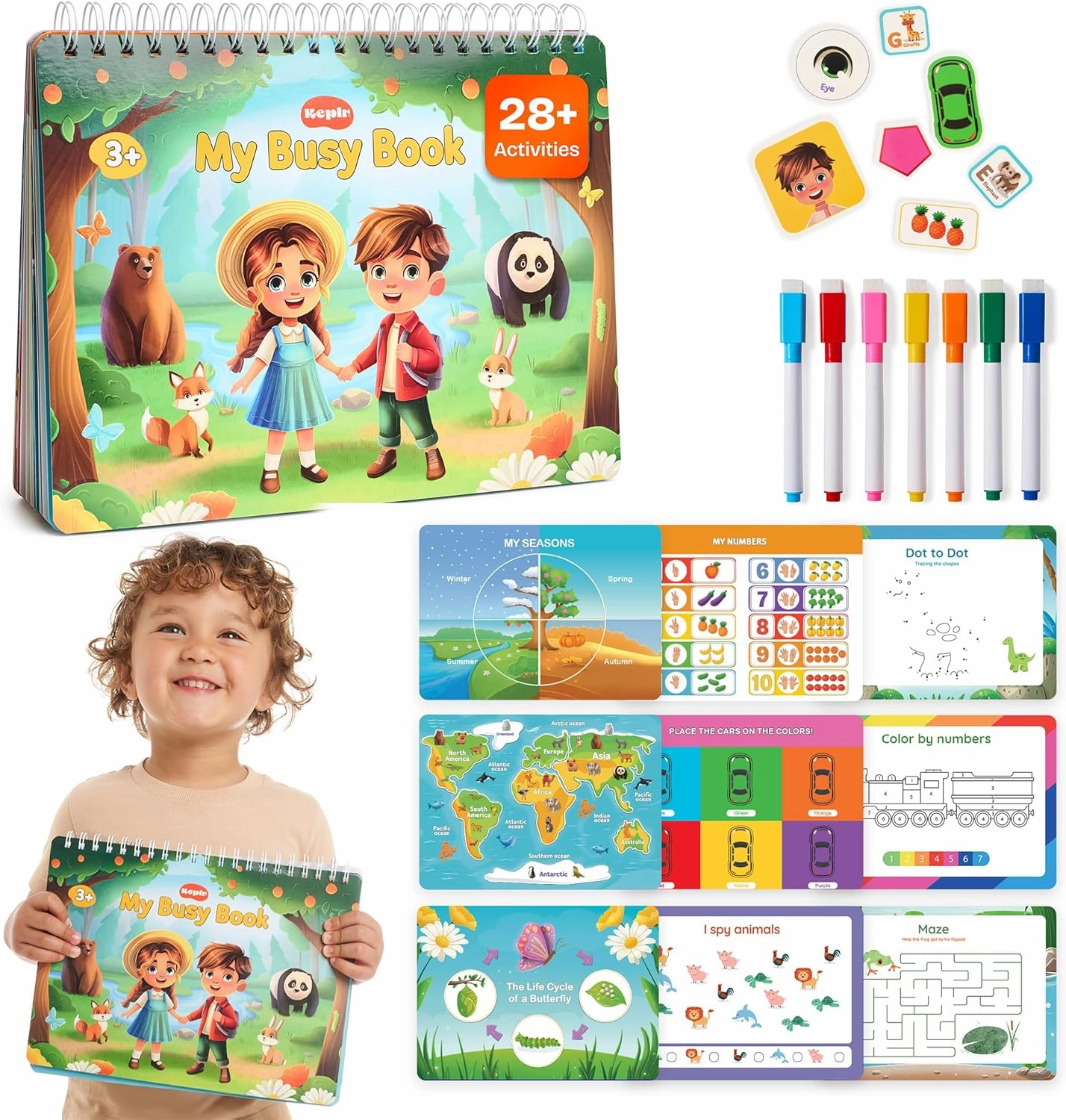 Toddler Busy Book – Montessori Activity Book for 3  Year Olds – 14 Interactive Learning Pages with Matching, Tracing & Puzzles – Preschool Educational Toy for Fine Motor Skills & Early Development
