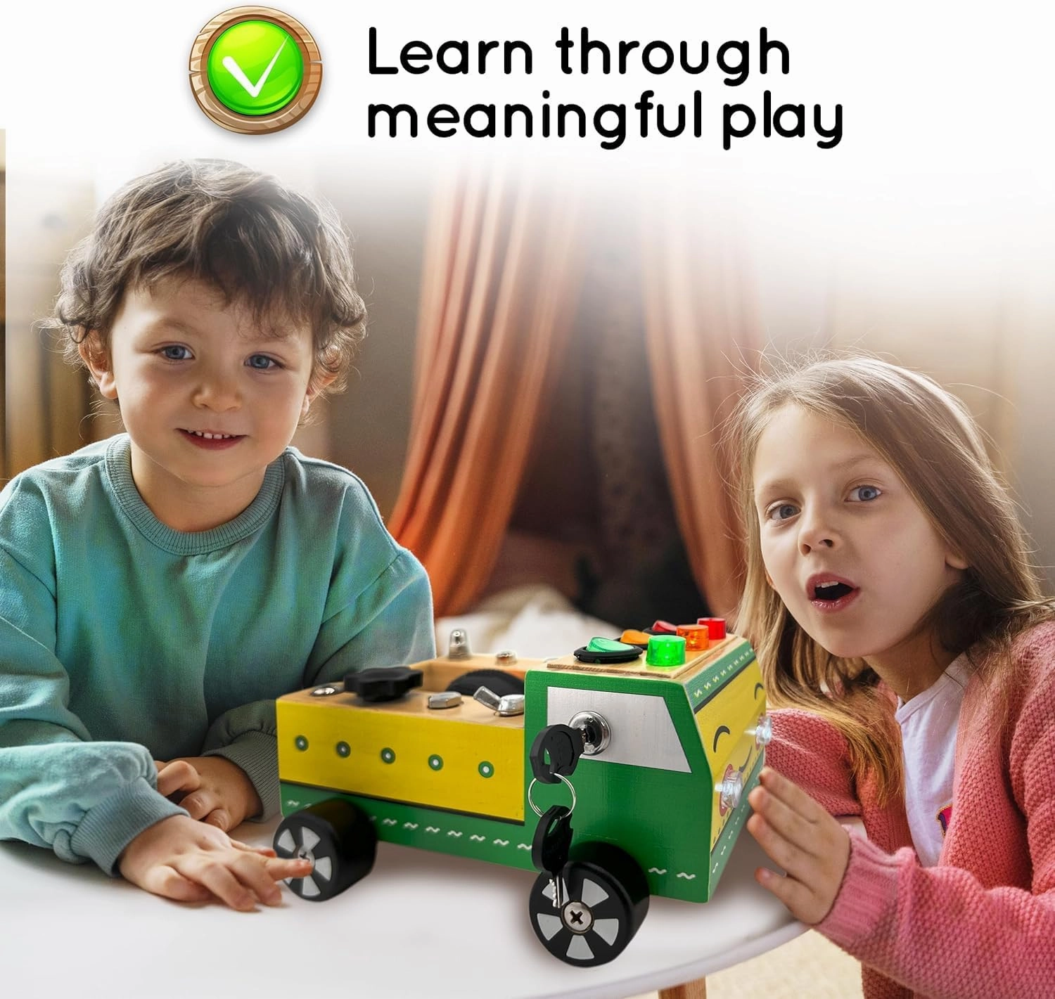 Toddler Montessori Busy Board - Wooden Educational Toy with Lights, Switches, Relay, Key, Bulbs, Sensory Board on Wheels - Preschool Motor Skills Learning Activities - Christmas & Birthday Gift