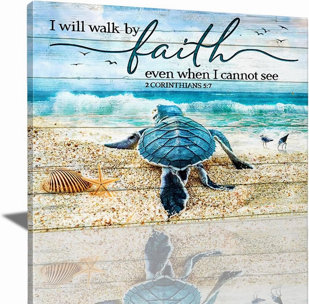Tourrest Scripture Holy Bible Wall Art Teal Sea Turtle Walk by Faith Canvas Print Quotes Framed Artwork Blue Ocean Beach Coast Scenery Poster Motivational Animal Large Wooden Wall Décor, 16 x 12 in