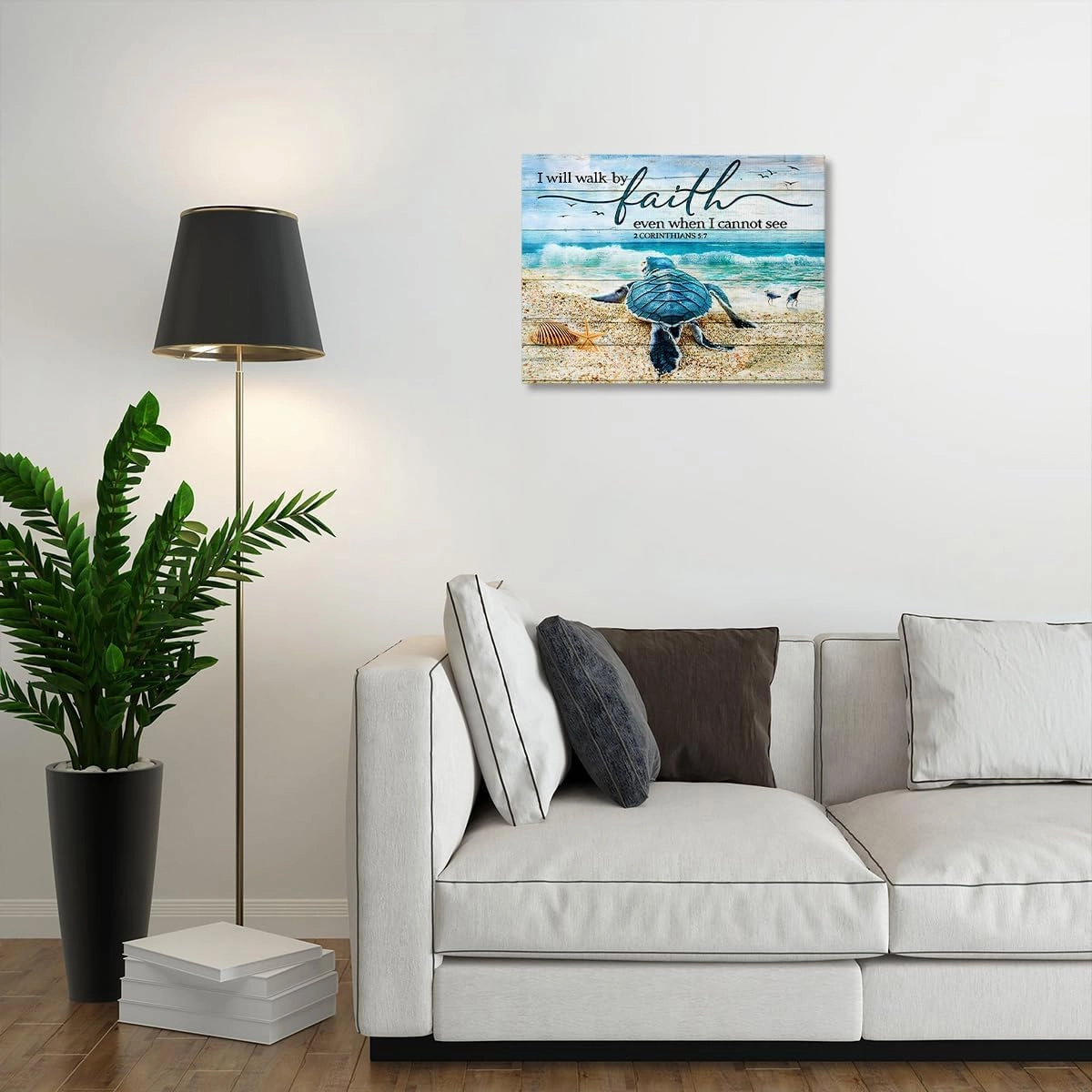 Tourrest Scripture Holy Bible Wall Art Teal Sea Turtle Walk by Faith Canvas Print Quotes Framed Artwork Blue Ocean Beach Coast Scenery Poster Motivational Animal Large Wooden Wall Décor, 16 x 12 in
