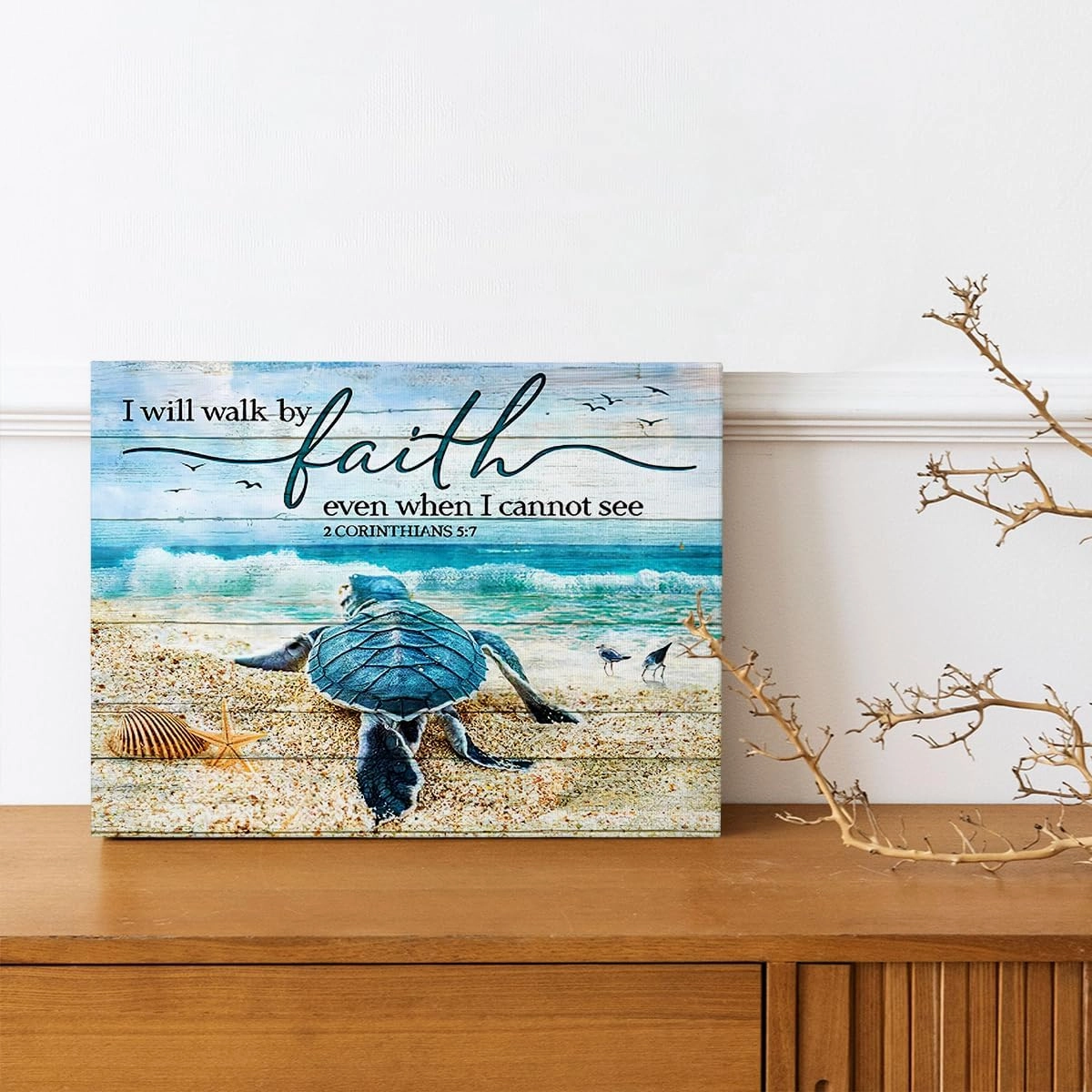 Tourrest Scripture Holy Bible Wall Art Teal Sea Turtle Walk by Faith Canvas Print Quotes Framed Artwork Blue Ocean Beach Coast Scenery Poster Motivational Animal Large Wooden Wall Décor, 16 x 12 in