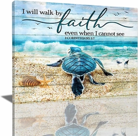 Tourrest Scripture Holy Bible Wall Art Teal Sea Turtle Walk by Faith Canvas Print Quotes Framed Artwork Blue Ocean Beach Coast Scenery Poster Motivational Animal Large Wooden Wall Décor, 16 x 12 in