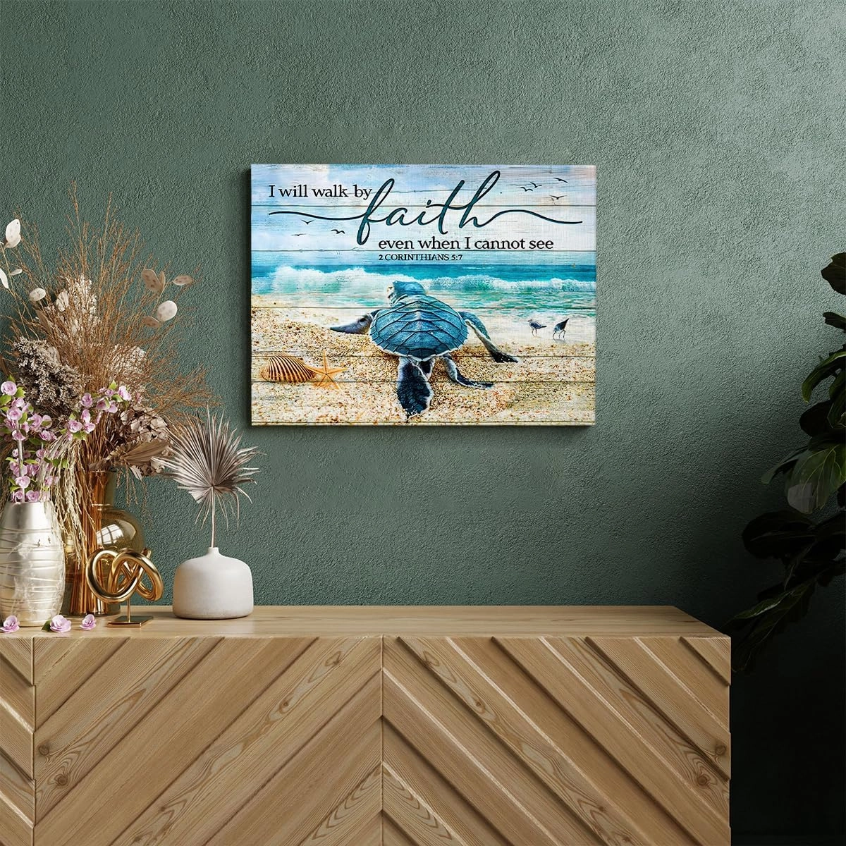 Tourrest Scripture Holy Bible Wall Art Teal Sea Turtle Walk by Faith Canvas Print Quotes Framed Artwork Blue Ocean Beach Coast Scenery Poster Motivational Animal Large Wooden Wall Décor, 16 x 12 in