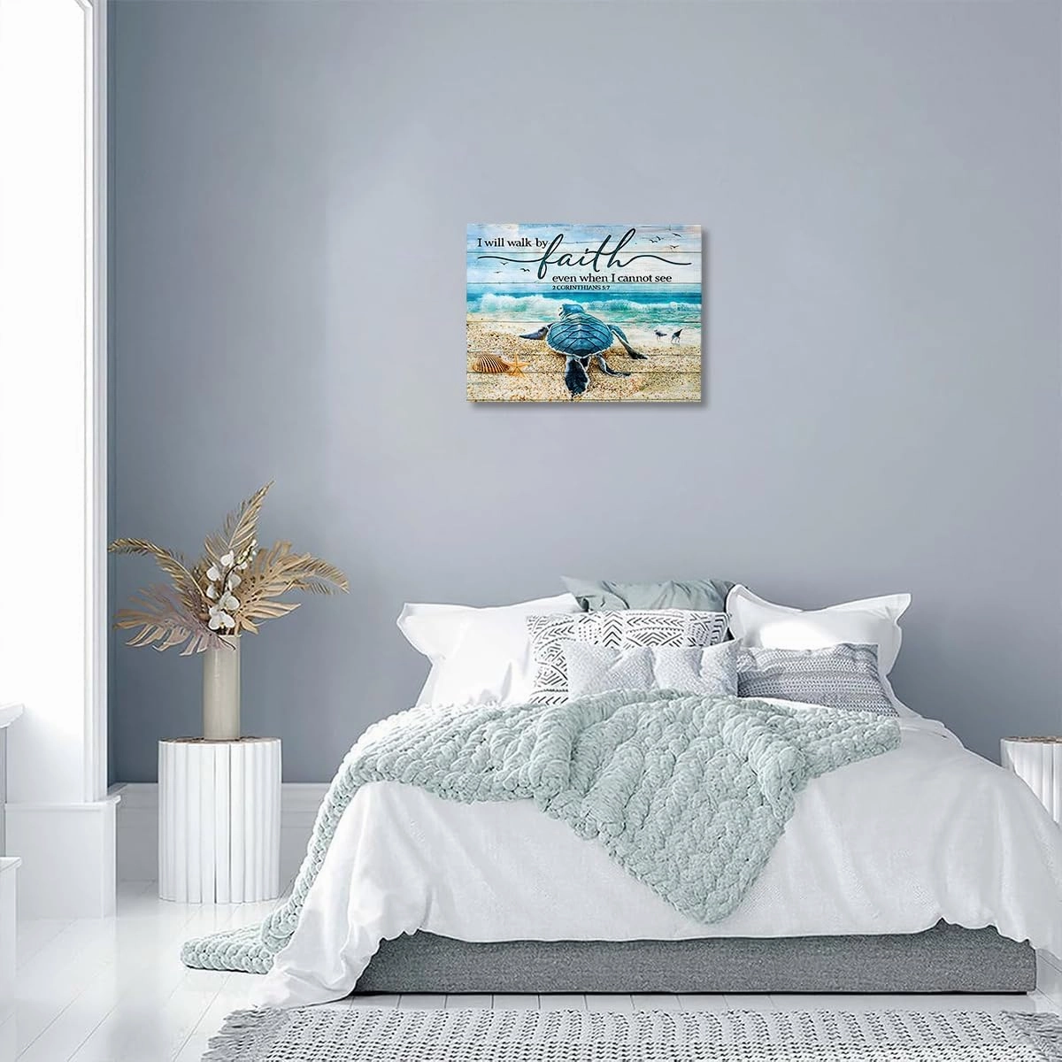 Tourrest Scripture Holy Bible Wall Art Teal Sea Turtle Walk by Faith Canvas Print Quotes Framed Artwork Blue Ocean Beach Coast Scenery Poster Motivational Animal Large Wooden Wall Décor, 16 x 12 in