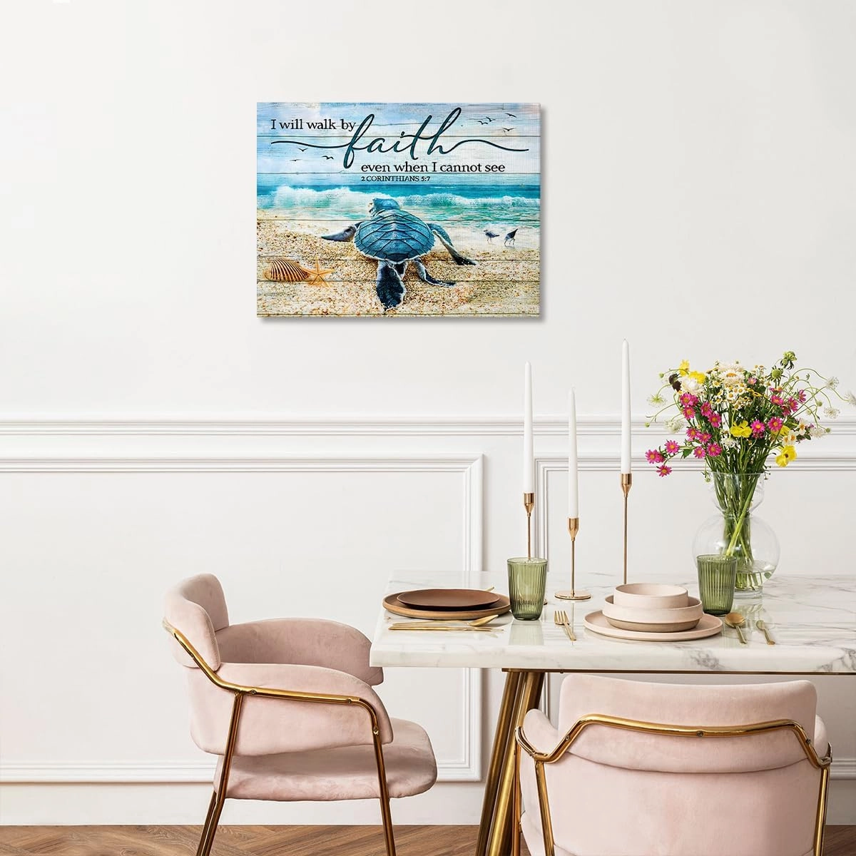 Tourrest Scripture Holy Bible Wall Art Teal Sea Turtle Walk by Faith Canvas Print Quotes Framed Artwork Blue Ocean Beach Coast Scenery Poster Motivational Animal Large Wooden Wall Décor, 16 x 12 in