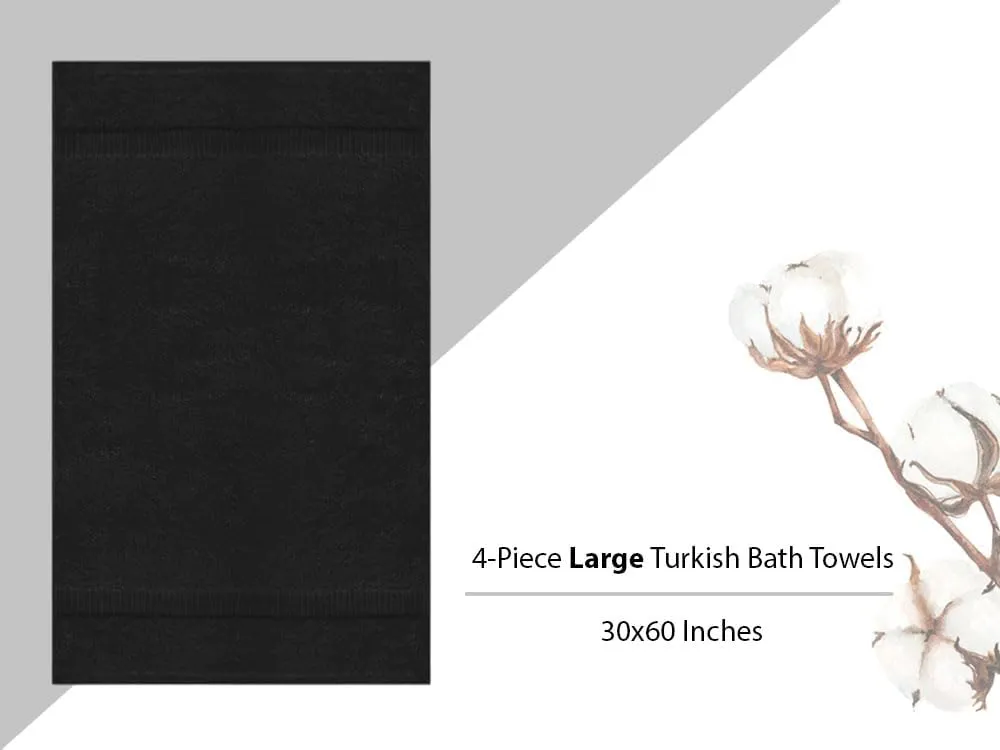 Towel Bazaar Premium Cotton Super Soft and Absorbent Turkish Towels (4-Piece, 30x60 Inches Extra Large Bath Towels, Black)