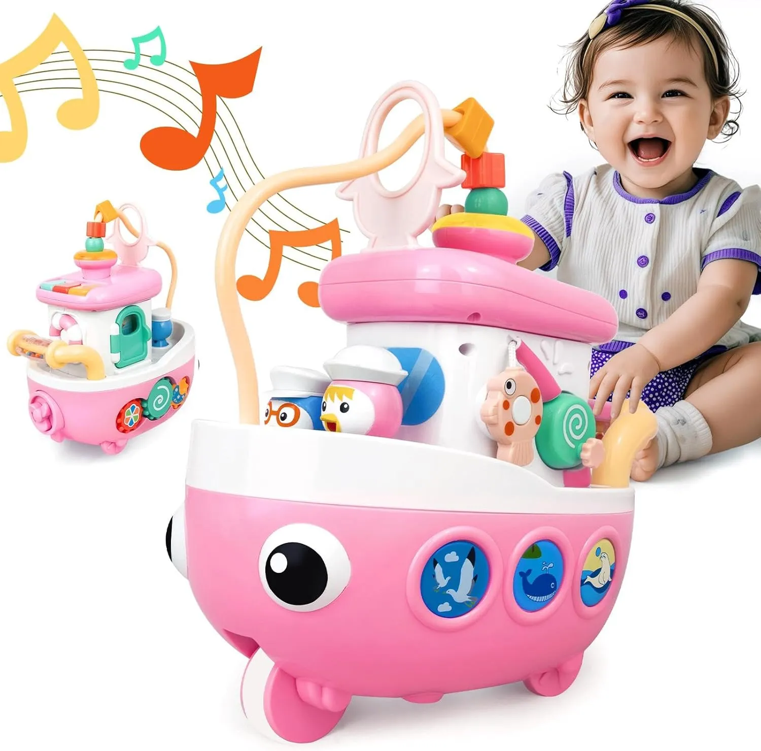 Toys for 1  Year Old Girls Gifts - Baby Toys Crawling Boat with Music and Sound, 9-in-1 Baby Musical Toys 6-12 12-18 Months Age, First Christmas 1st Birthday Gifts for 1  Year Old
