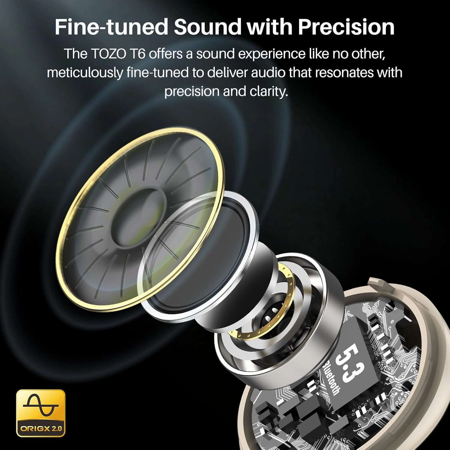 TOZO T6 True Wireless Earbuds Bluetooth 5.3 Headphones 50H Long Playtime, Wireless Charging Case, IPX8 Waterproof Stereo Earphones, Built-in Mic Calls, Headset Premium Deep Bass 32 Preset EQs via APP