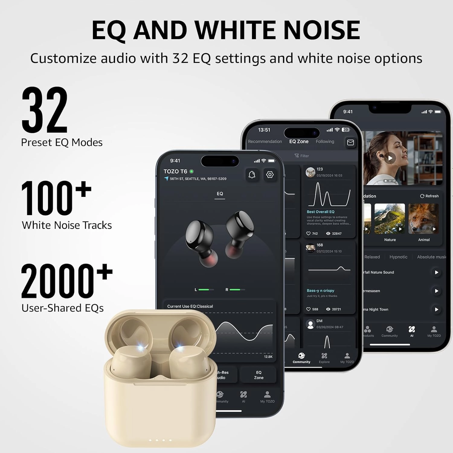 TOZO T6 True Wireless Earbuds Bluetooth 5.3 Headphones 50H Long Playtime, Wireless Charging Case, IPX8 Waterproof Stereo Earphones, Built-in Mic Calls, Headset Premium Deep Bass 32 Preset EQs via APP