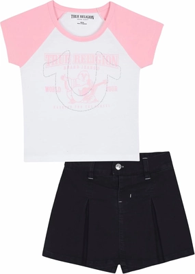 True Religion Girls Jeans Shorts Set Girls Denim Short and Fashion Tee Shirt Clothing Set for Kids