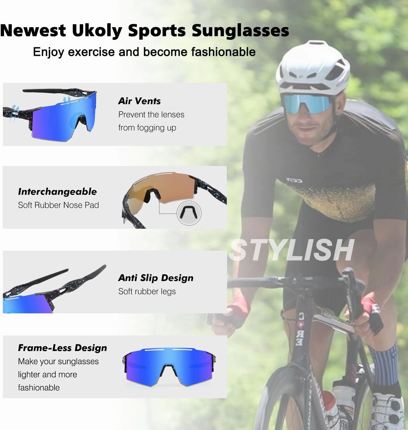 Ukoly Cycling Sunglasses for Men Women with 3 Interchangeable Lenses, Polarized Sports Sunglasses, Baseball Sunglasses