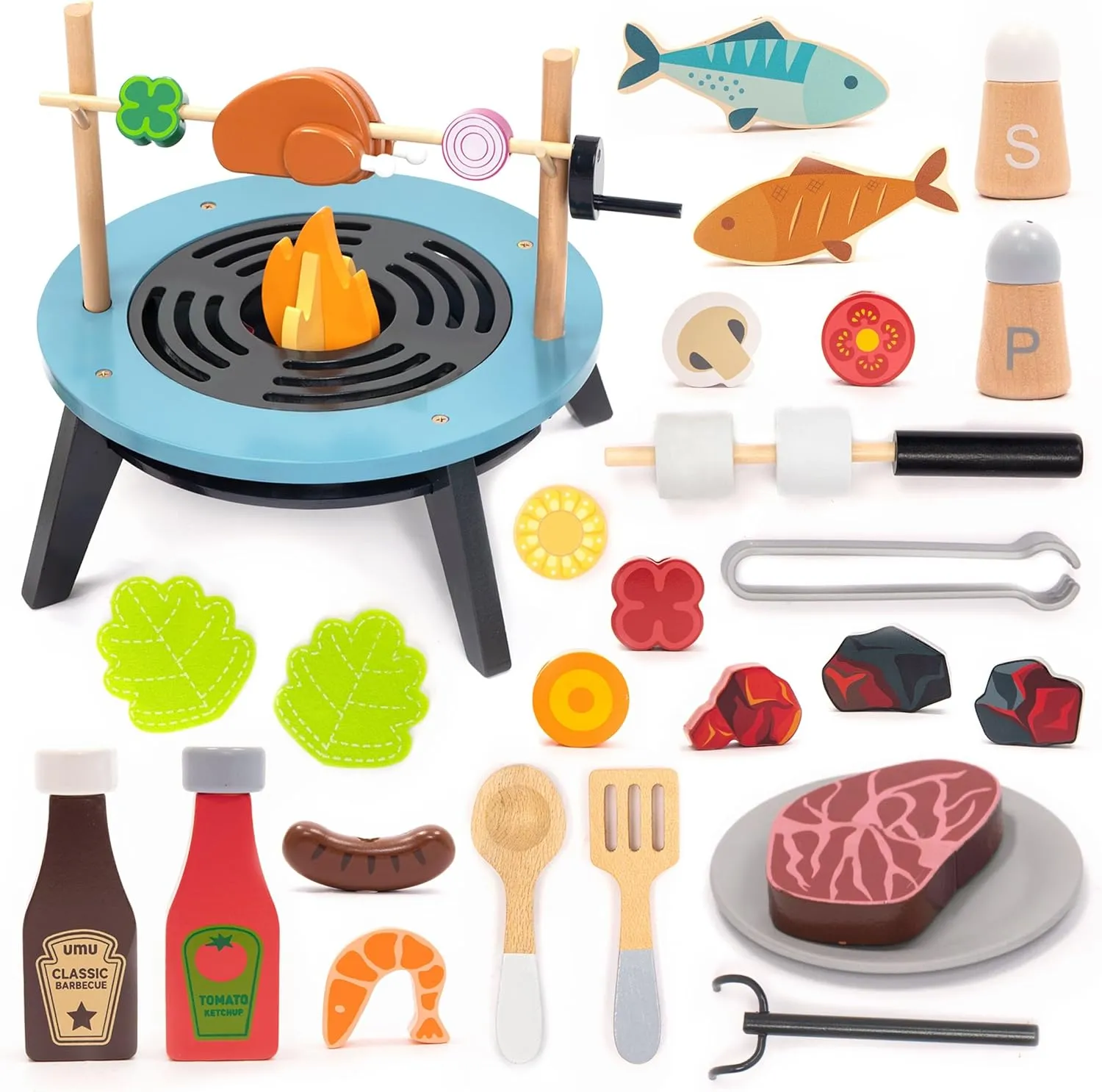 UMU Kids Grill Set, Pretend Play BBQ Toys with Wooden Grill, Cutting Food, and Cooking Accessories – Play Kitchen Outdoor & Indoor Barbecue Toy for Toddlers and Kids Age 3 4 5 6 7 8 