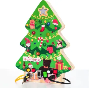 Upltowtme Montessori Busy Board for Toddlers LED Christmas Tree Gift for 3  Year Old Boys Girls Wooden Sensory Toy with 8 Switch Light Early Activity Motor Skills Educational Toy Birthday Gift
