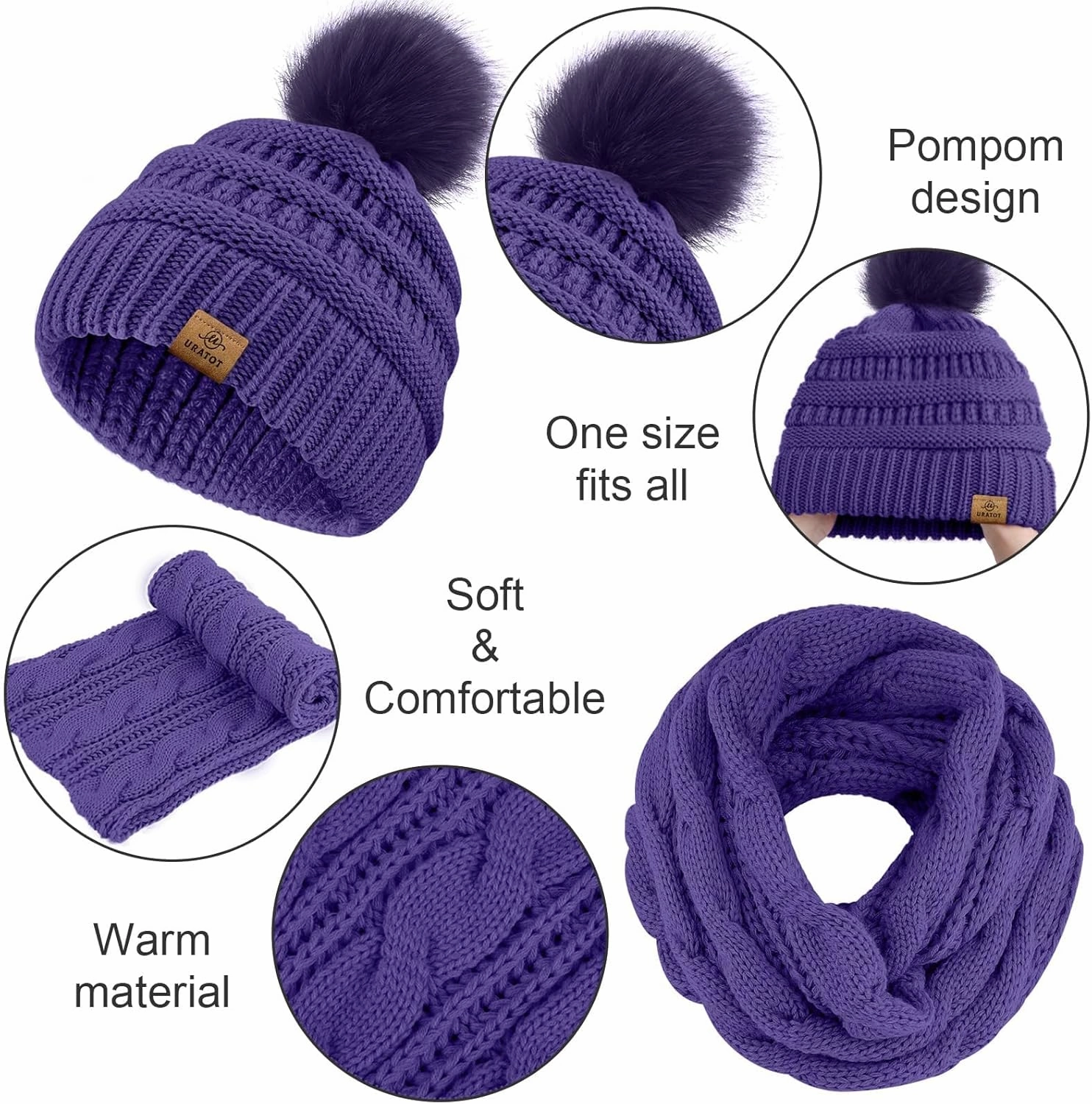 URATOT 4-In-1 Winter Warm Sets Knitted Scarf Touch Screen Gloves Beanie Pompom Hat and Winter Ear Warmer for Men or Women