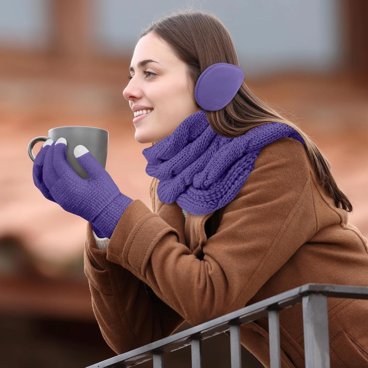 URATOT 4-In-1 Winter Warm Sets Knitted Scarf Touch Screen Gloves Beanie Pompom Hat and Winter Ear Warmer for Men or Women