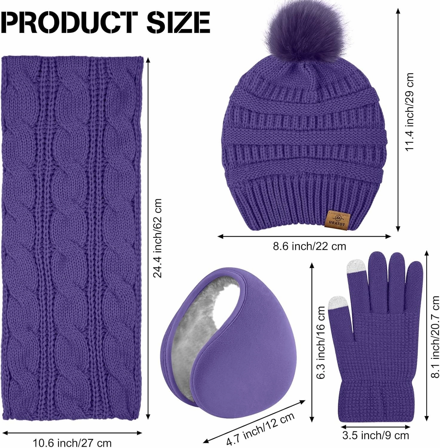 URATOT 4-In-1 Winter Warm Sets Knitted Scarf Touch Screen Gloves Beanie Pompom Hat and Winter Ear Warmer for Men or Women
