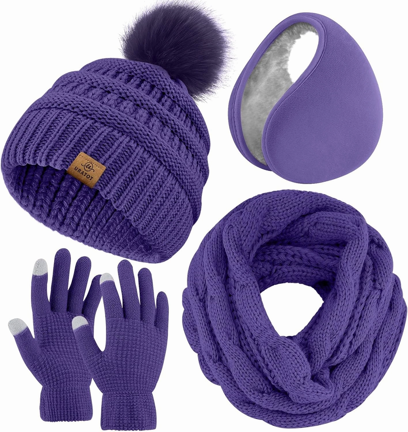 URATOT 4-In-1 Winter Warm Sets Knitted Scarf Touch Screen Gloves Beanie Pompom Hat and Winter Ear Warmer for Men or Women