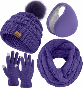 URATOT 4-In-1 Winter Warm Sets Knitted Scarf Touch Screen Gloves Beanie Pompom Hat and Winter Ear Warmer for Men or Women