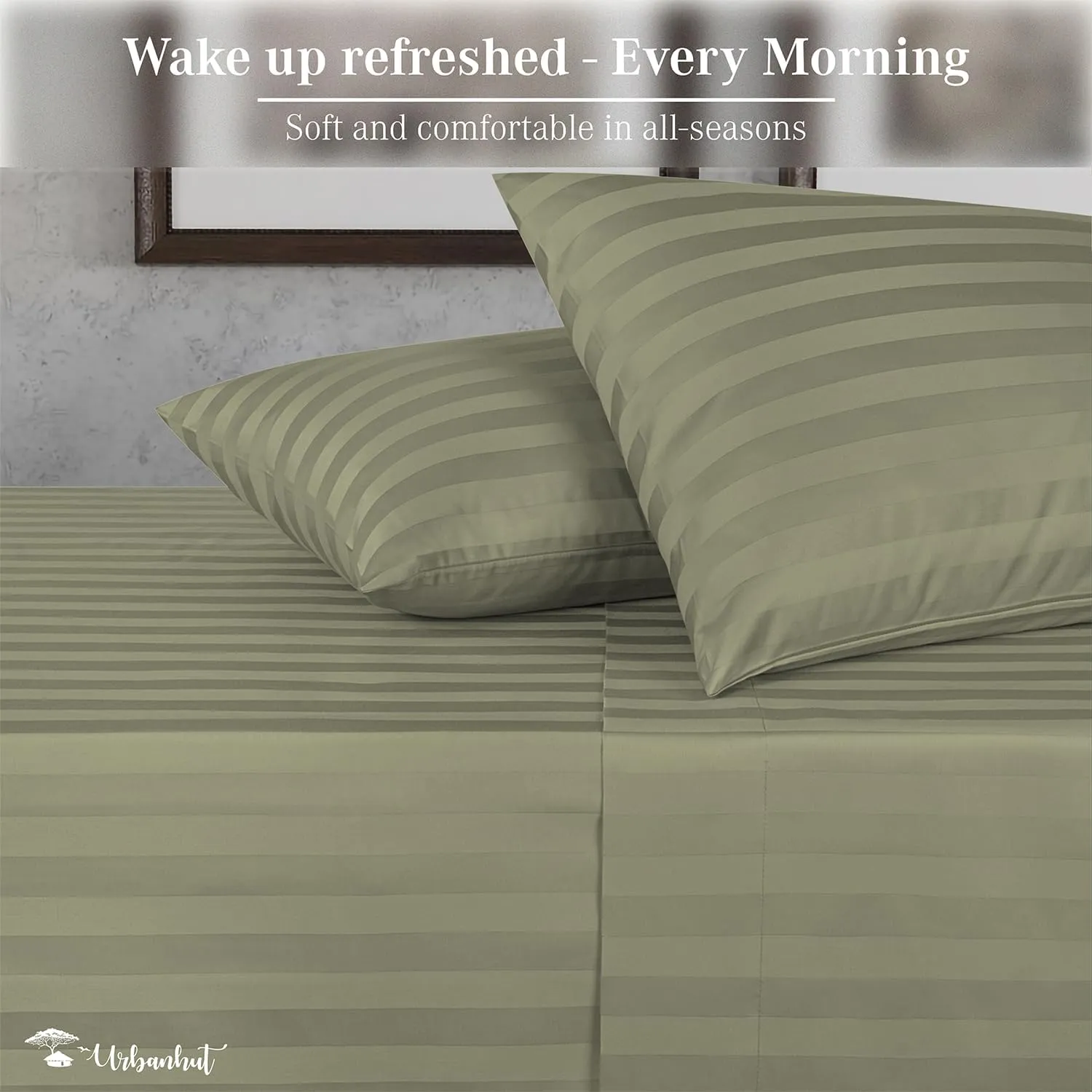 URBANHUT 1000 Thread Count Damask Striped King Size Egyptian Cotton Sheets, Long Staple Soft & Breathable, 4 Pc Bed Sheet Sets, Luxury Hotel Sateen Sheets Fits 16" Deep Pocket - Sage