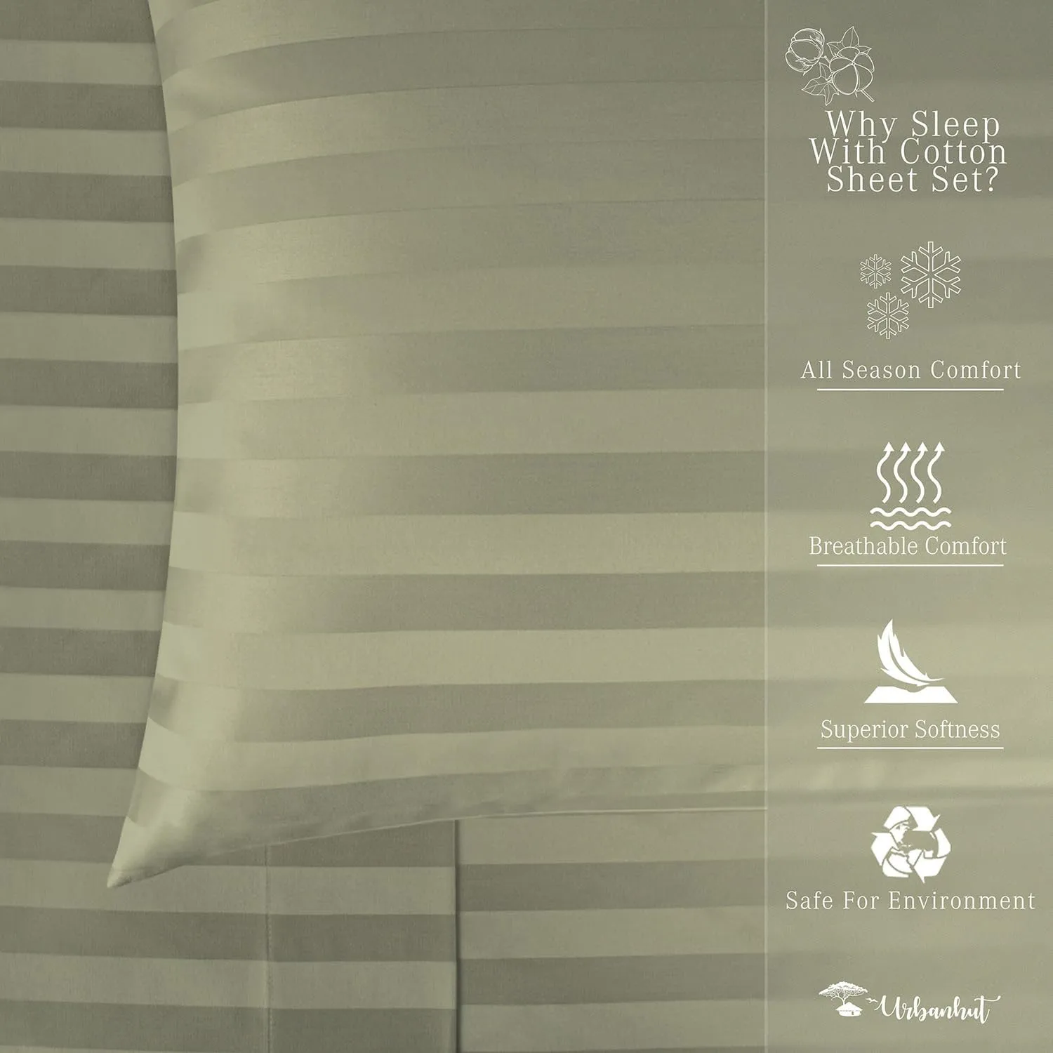 URBANHUT 1000 Thread Count Damask Striped King Size Egyptian Cotton Sheets, Long Staple Soft & Breathable, 4 Pc Bed Sheet Sets, Luxury Hotel Sateen Sheets Fits 16" Deep Pocket - Sage