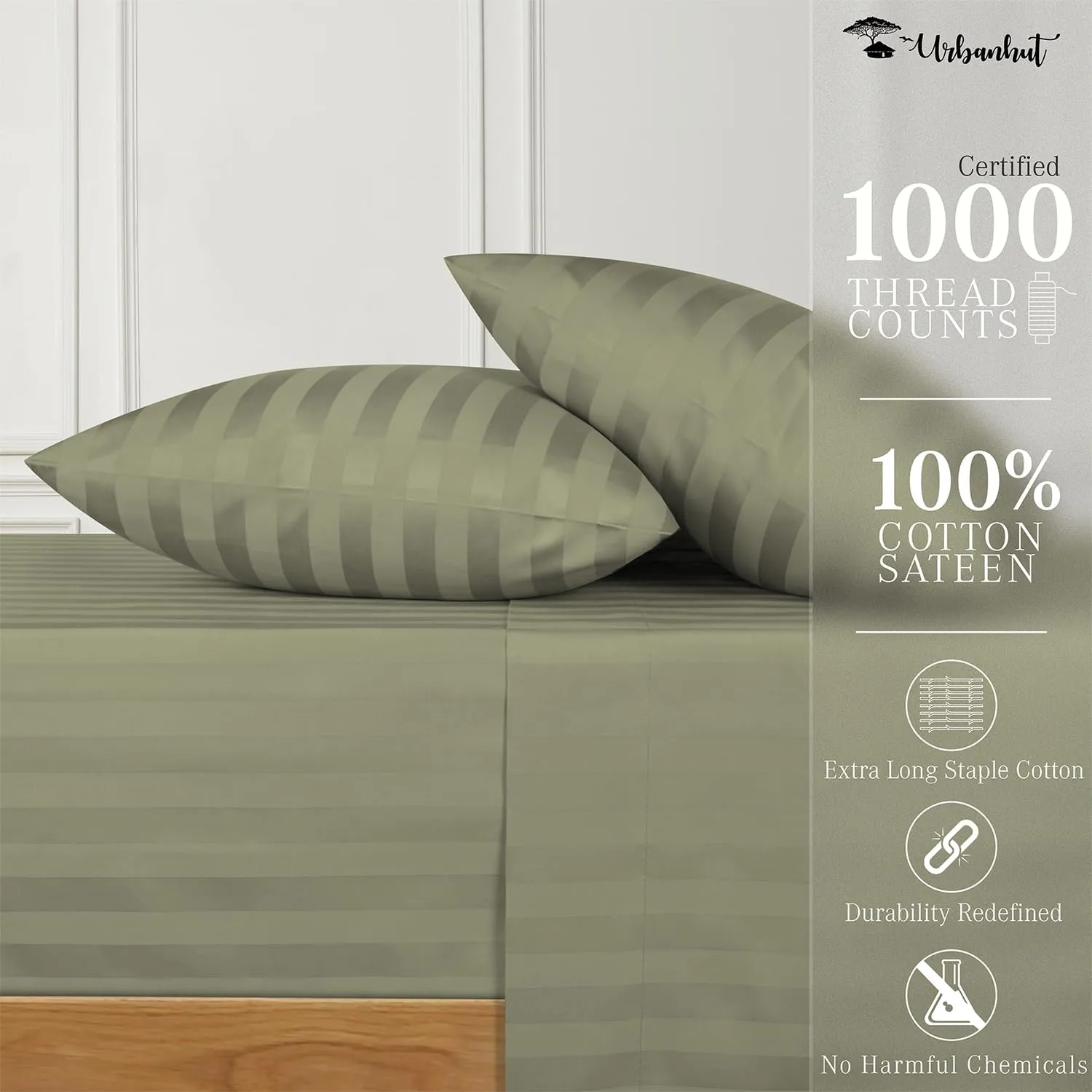 URBANHUT 1000 Thread Count Damask Striped King Size Egyptian Cotton Sheets, Long Staple Soft & Breathable, 4 Pc Bed Sheet Sets, Luxury Hotel Sateen Sheets Fits 16" Deep Pocket - Sage