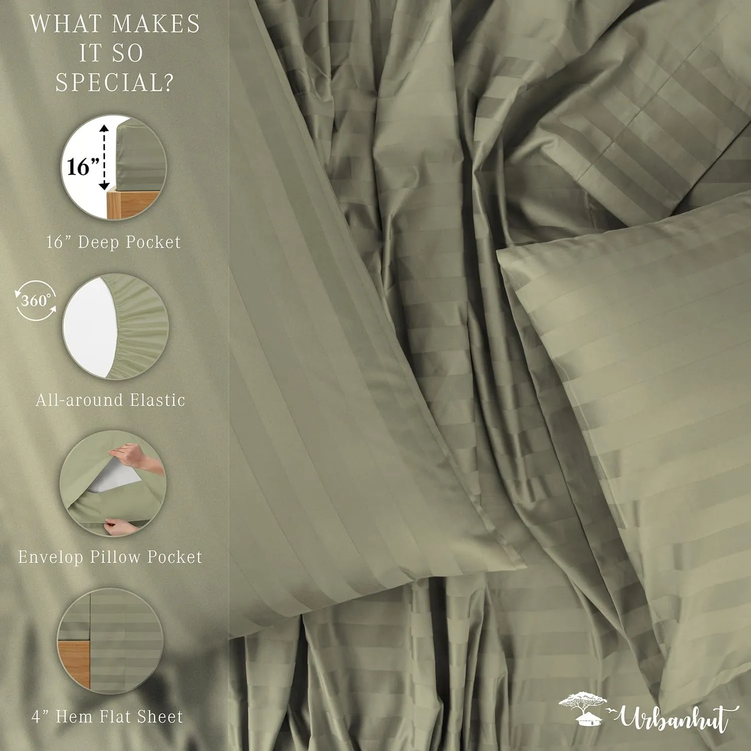 URBANHUT 1000 Thread Count Damask Striped King Size Egyptian Cotton Sheets, Long Staple Soft & Breathable, 4 Pc Bed Sheet Sets, Luxury Hotel Sateen Sheets Fits 16" Deep Pocket - Sage
