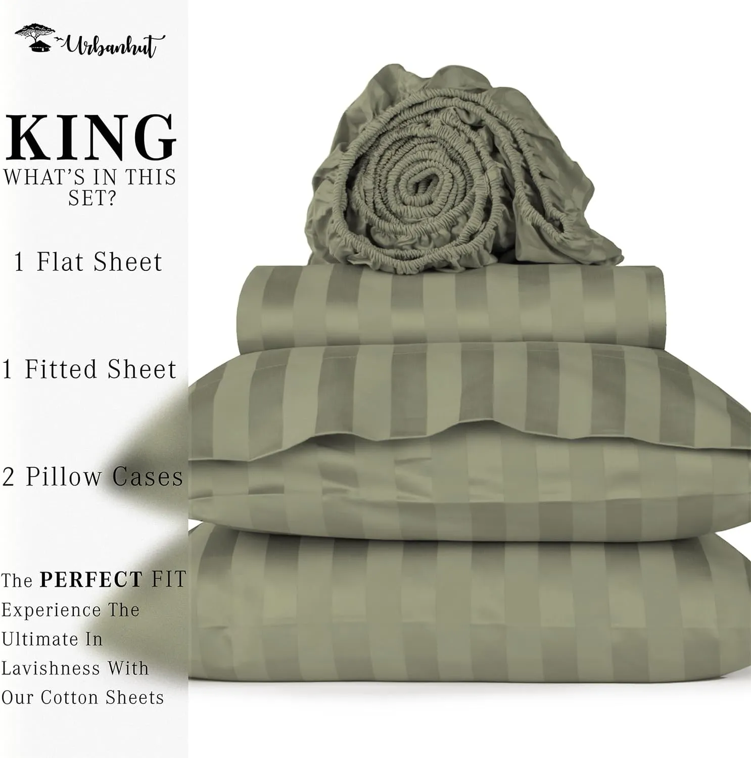 URBANHUT 1000 Thread Count Damask Striped King Size Egyptian Cotton Sheets, Long Staple Soft & Breathable, 4 Pc Bed Sheet Sets, Luxury Hotel Sateen Sheets Fits 16" Deep Pocket - Sage