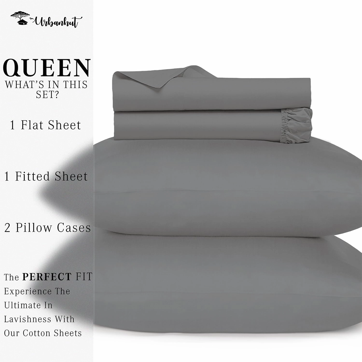 URBANHUT 800 Thread Count Egyptian Cotton Sheets Queen Size, Long Staple Bed Sheets,4 Pc Bed Sheet Sets for Queen Size Bedding, Sateen Weave Luxury Hotel Bed Sheets Fits 16" Deep Pocket - Dark Grey