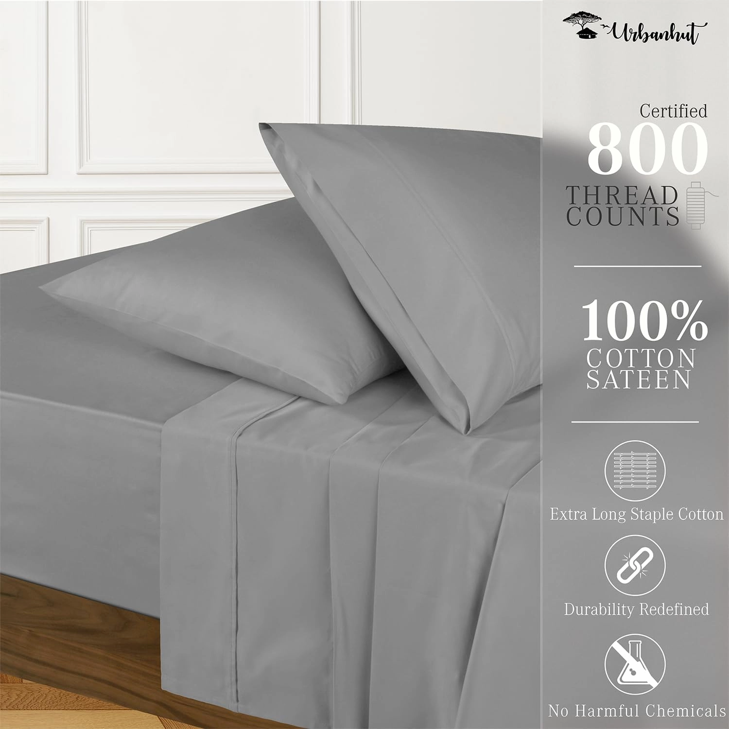 URBANHUT 800 Thread Count Egyptian Cotton Sheets Queen Size, Long Staple Bed Sheets,4 Pc Bed Sheet Sets for Queen Size Bedding, Sateen Weave Luxury Hotel Bed Sheets Fits 16" Deep Pocket - Dark Grey