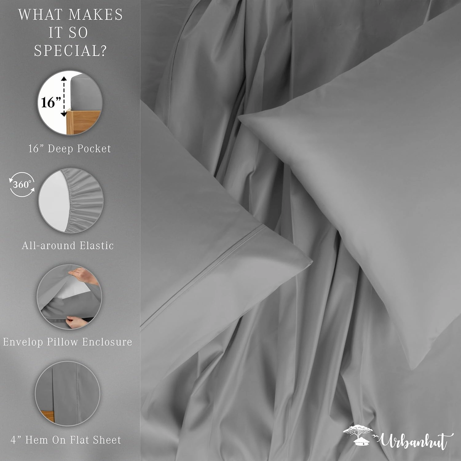 URBANHUT 800 Thread Count Egyptian Cotton Sheets Queen Size, Long Staple Bed Sheets,4 Pc Bed Sheet Sets for Queen Size Bedding, Sateen Weave Luxury Hotel Bed Sheets Fits 16" Deep Pocket - Dark Grey