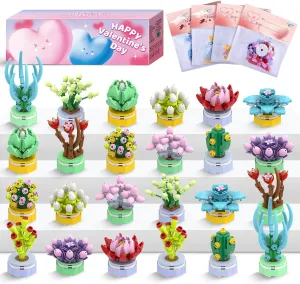 Valentines Day Gifts for Kids Classroom/School,24PCS Building Blocks Succulent Plants Kits and Valentines Cards,Toys for 3  Years Old Girls & Boys