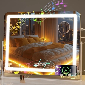 Vanity Mirror with Lights and Bluetooth Speaker, 23" x 18" LED Makeup Mirror, Light up Mirror with USB Charging Port, Smart Touch 3 Colors Dimmable, Round Corner