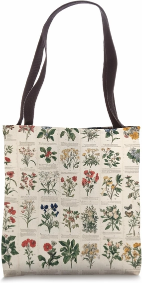 Vintage Floral Encyclopedia Drawing Cottagecore Farmhouse Tote Bag