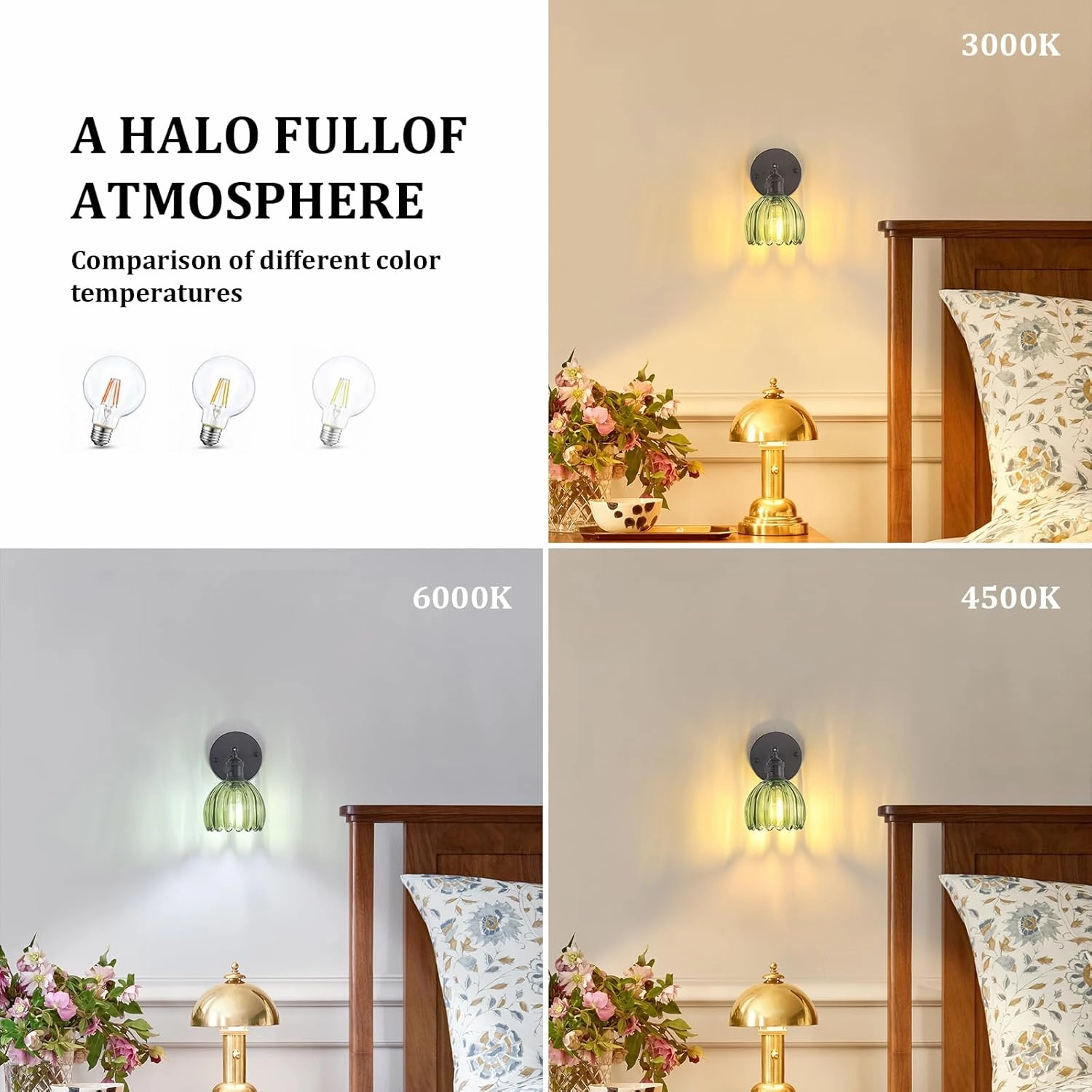 Vintage Wall Sconce with Green Tulip Glass Lampshade 180 Degree Adjustable Black Sconce Hradwired Modern Wall Lighting Fixture with Switch for Bedside Bedroom Doorway