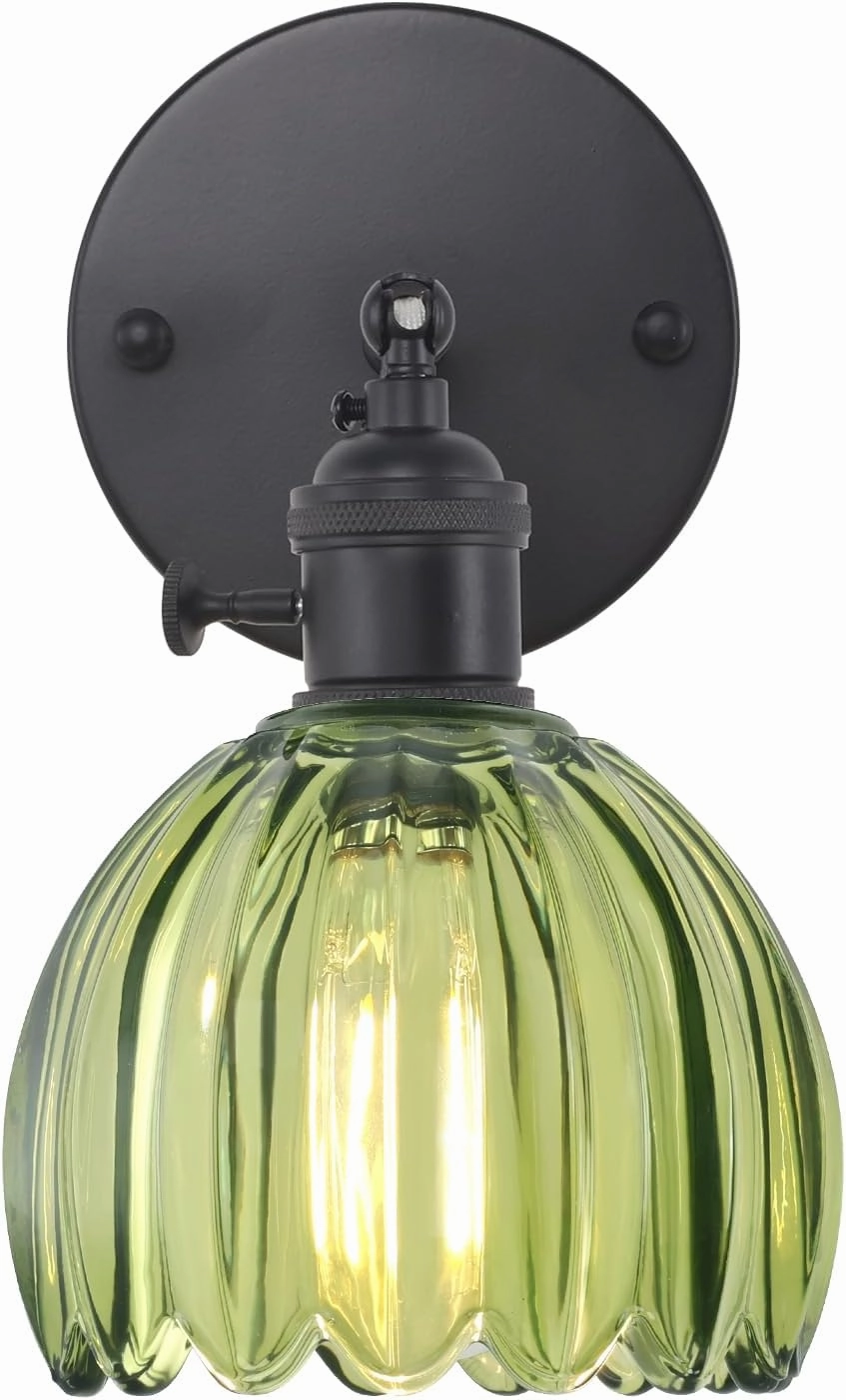 Vintage Wall Sconce with Green Tulip Glass Lampshade 180 Degree Adjustable Black Sconce Hradwired Modern Wall Lighting Fixture with Switch for Bedside Bedroom Doorway