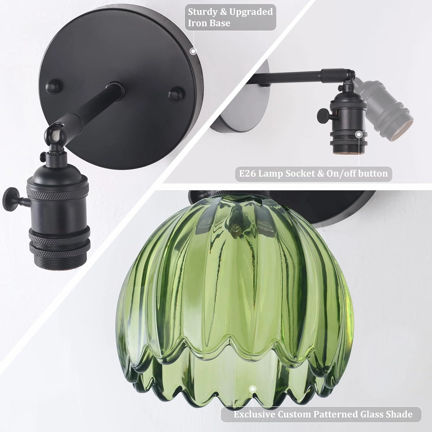 Vintage Wall Sconce with Green Tulip Glass Lampshade 180 Degree Adjustable Black Sconce Hradwired Modern Wall Lighting Fixture with Switch for Bedside Bedroom Doorway