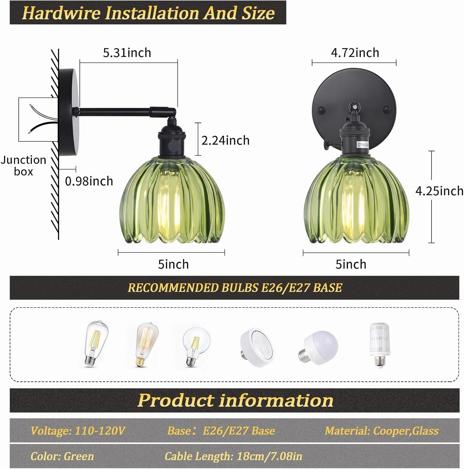 Vintage Wall Sconce with Green Tulip Glass Lampshade 180 Degree Adjustable Black Sconce Hradwired Modern Wall Lighting Fixture with Switch for Bedside Bedroom Doorway