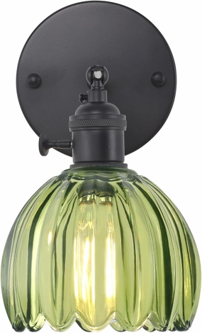 Vintage Wall Sconce with Green Tulip Glass Lampshade 180 Degree Adjustable Black Sconce Hradwired Modern Wall Lighting Fixture with Switch for Bedside Bedroom Doorway