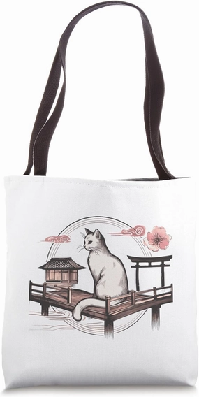Vintage Watercolor Cat Japan Line Drawing Tote Bag