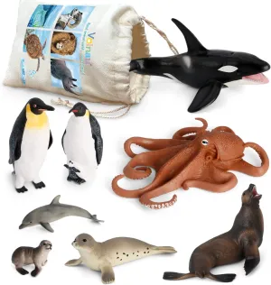 Volnau Sea Creature Toys Figures 8PCS Antarctica Ocean Animals Figurines for Toddlers Kids Christmas Decoration Fish Gift Plastic Preschool Pack and Bath Penguin Killer Whale Set
