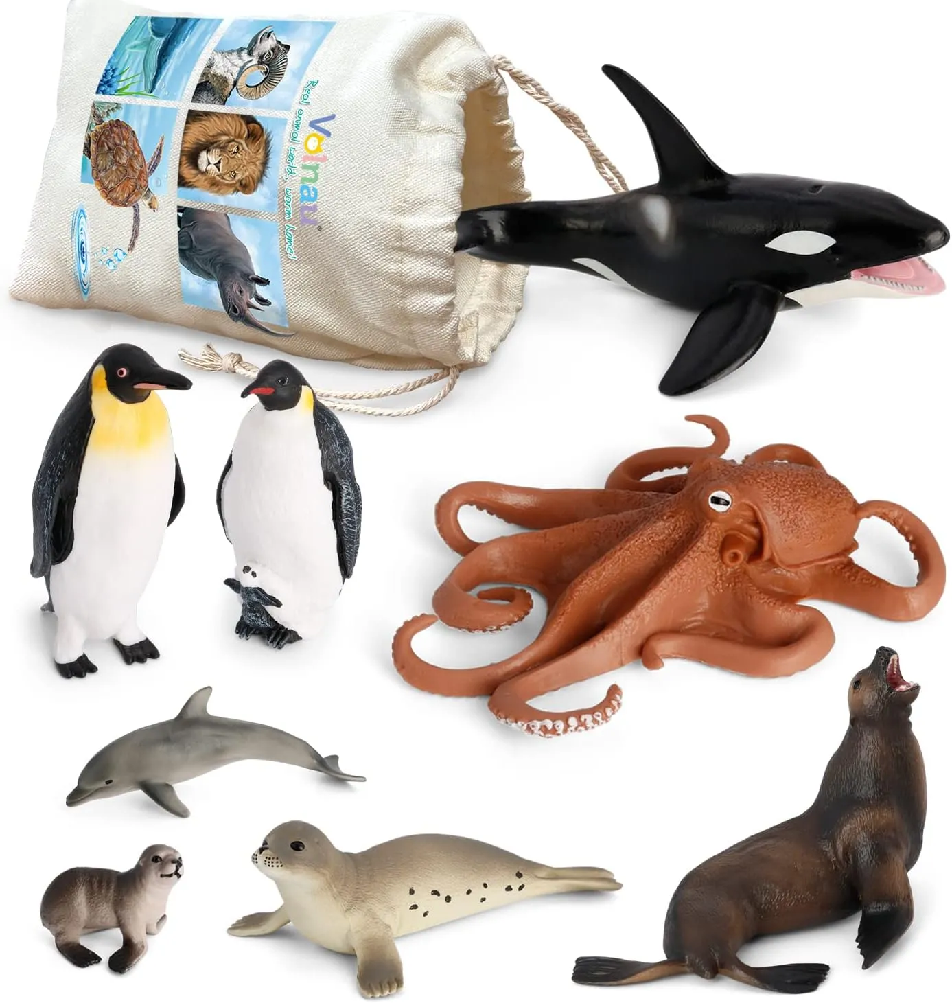 Volnau Sea Creature Toys Figures 8PCS Antarctica Ocean Animals Figurines for Toddlers Kids Christmas Decoration Fish Gift Plastic Preschool Pack and Bath Penguin Killer Whale Set