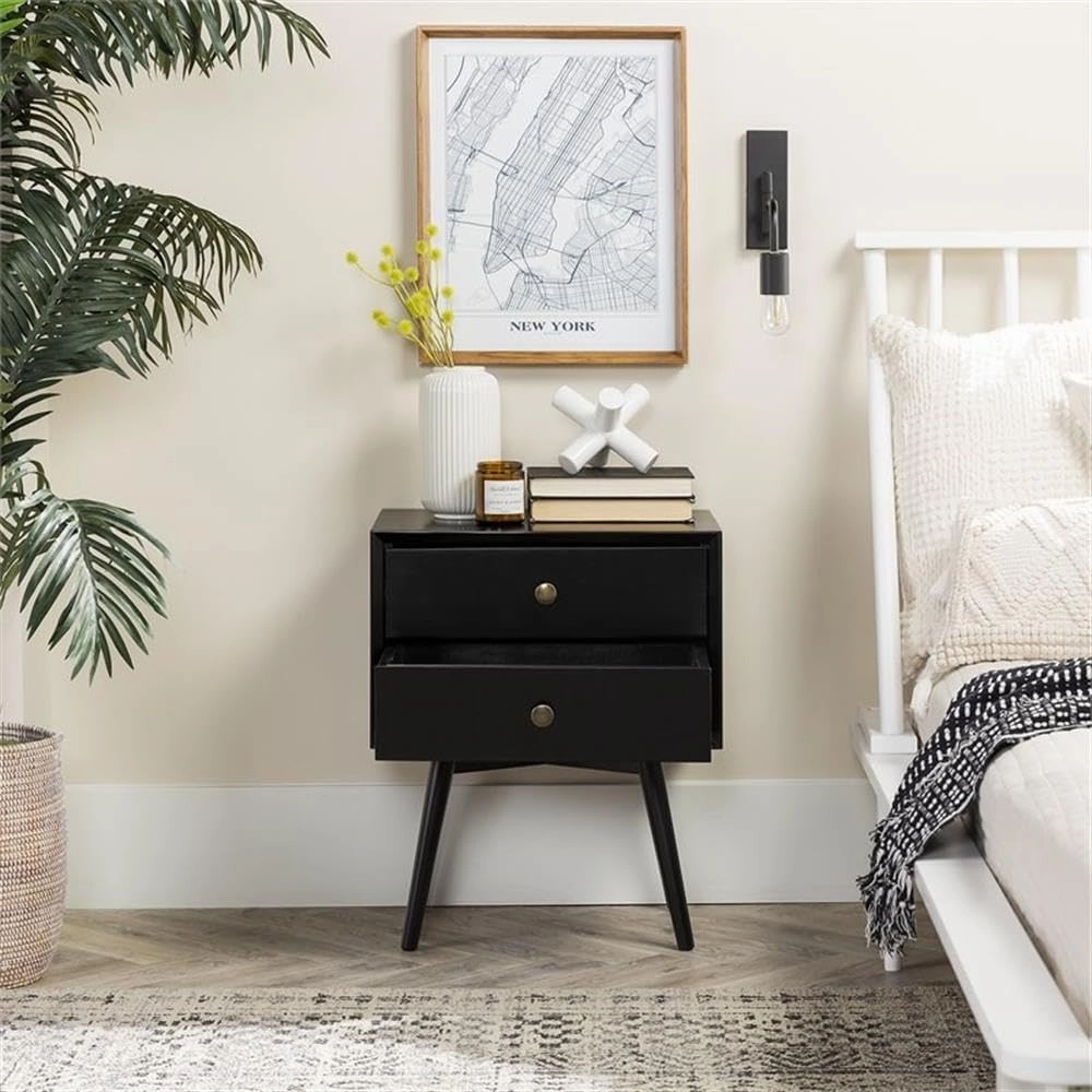 Walker Edison Ella Mid Century Modern 2 Drawer Solid Wood Nightstand, 1 Pack, Black
