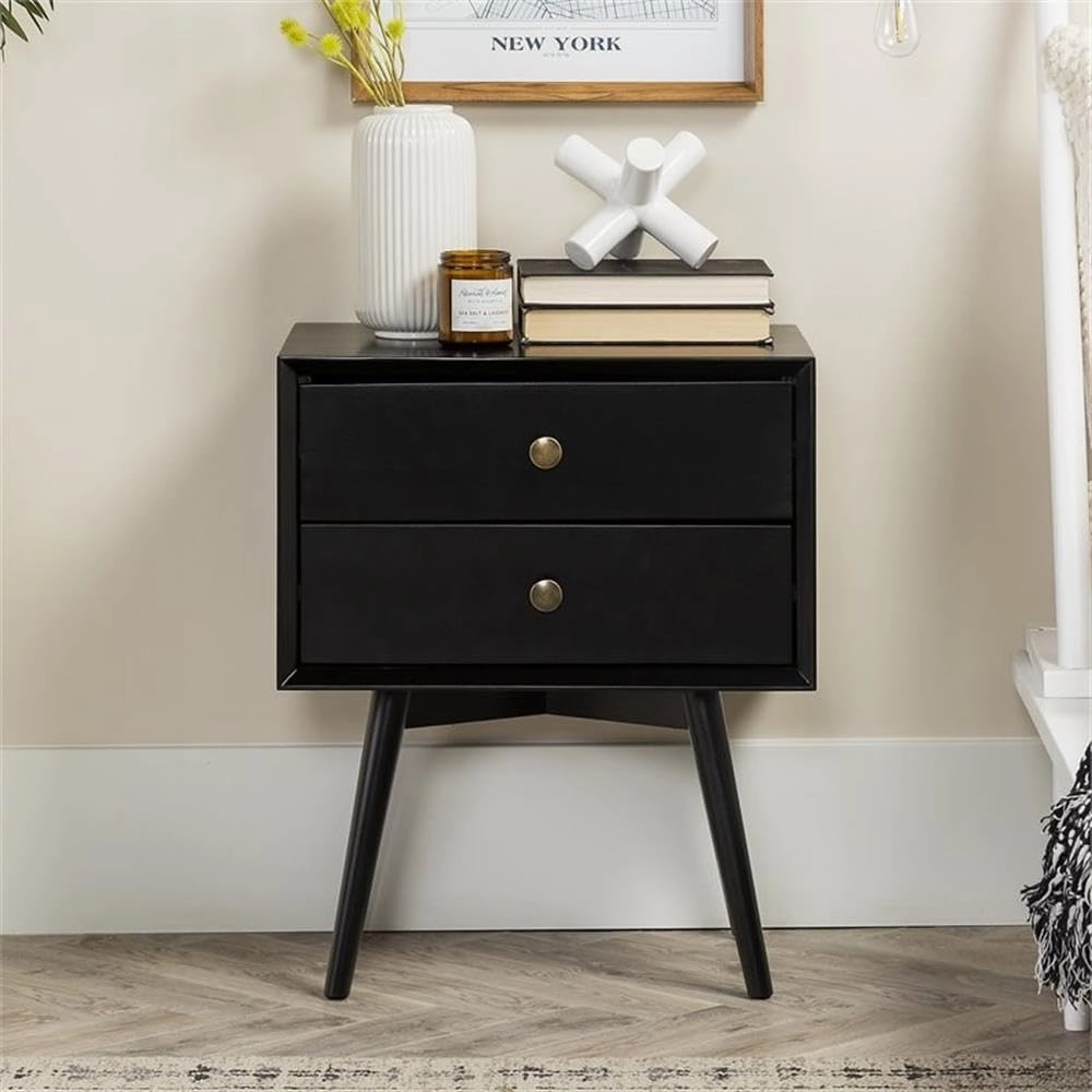 Walker Edison Ella Mid Century Modern 2 Drawer Solid Wood Nightstand, 1 Pack, Black