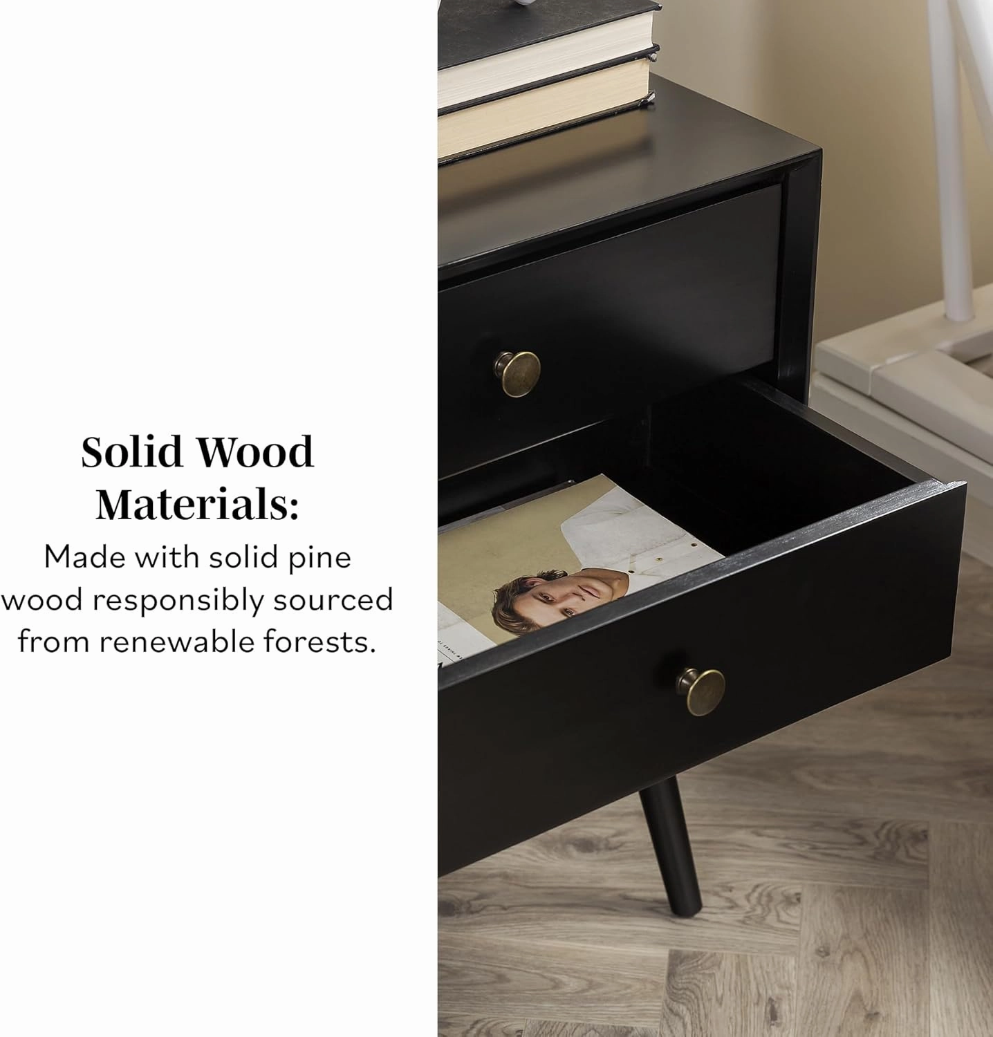 Walker Edison Ella Mid Century Modern 2 Drawer Solid Wood Nightstand, 1 Pack, Black