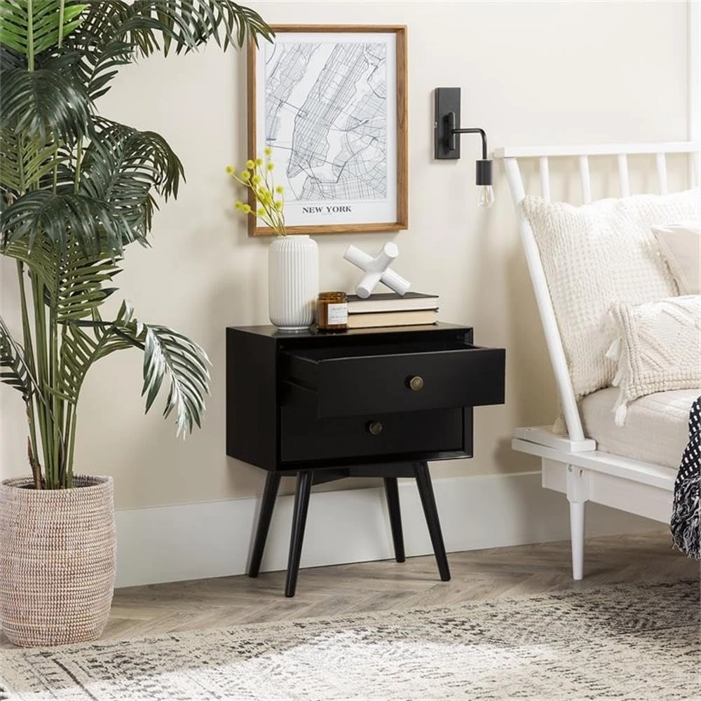 Walker Edison Ella Mid Century Modern 2 Drawer Solid Wood Nightstand, 1 Pack, Black