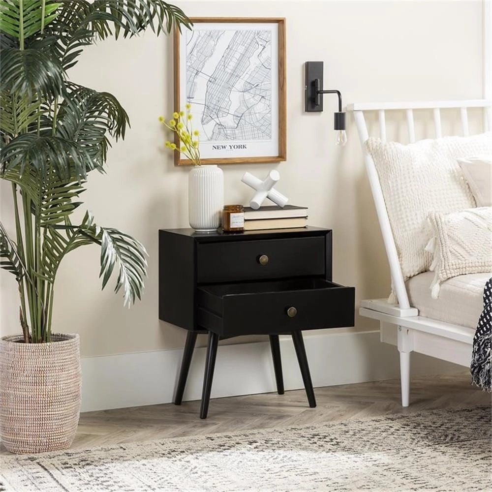Walker Edison Ella Mid Century Modern 2 Drawer Solid Wood Nightstand, 1 Pack, Black