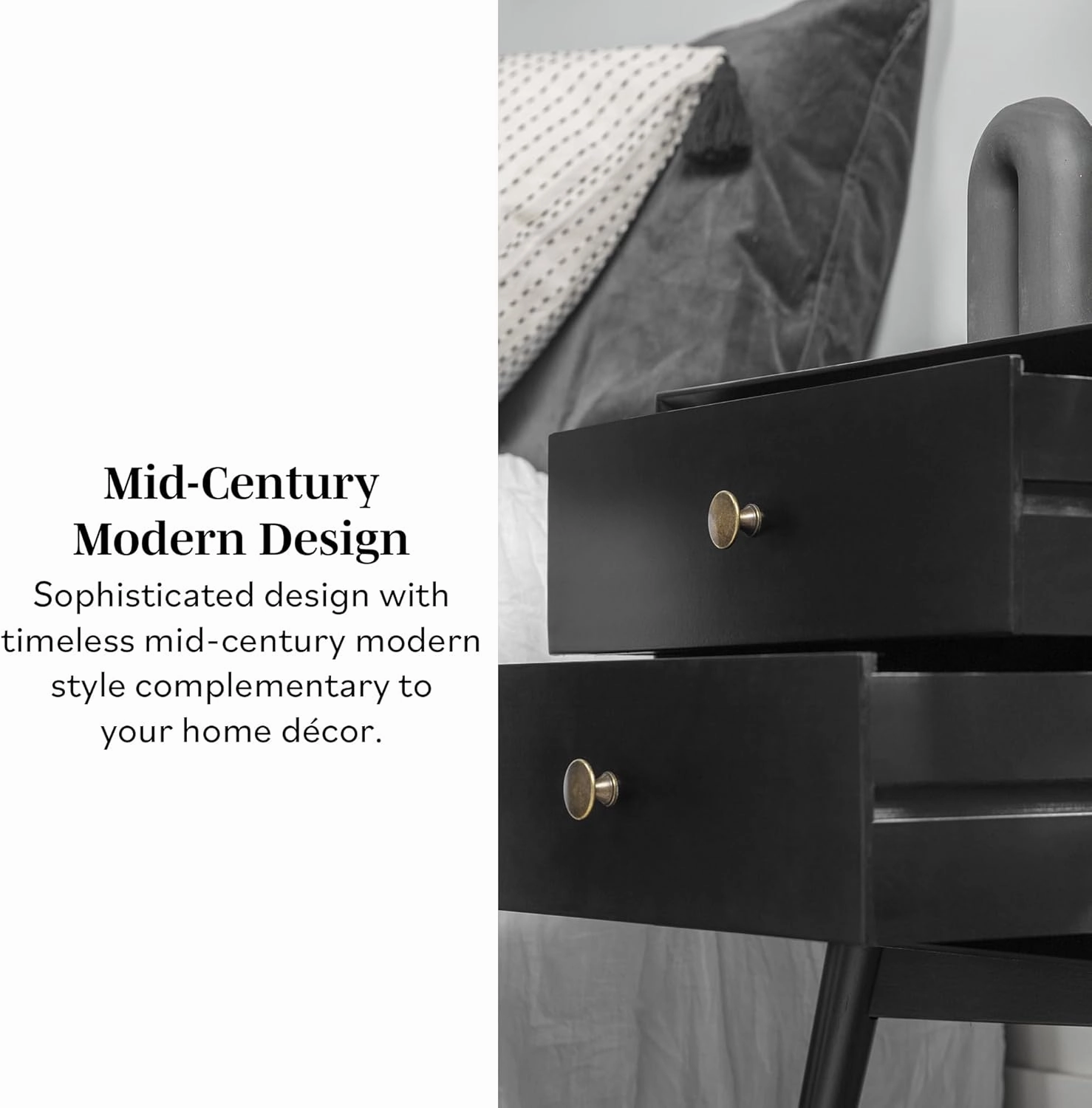 Walker Edison Ella Mid Century Modern 2 Drawer Solid Wood Nightstand, 1 Pack, Black
