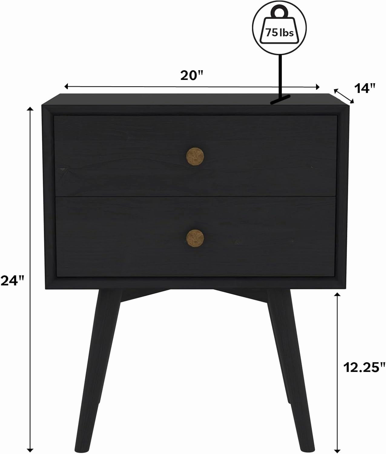 Walker Edison Ella Mid Century Modern 2 Drawer Solid Wood Nightstand, 1 Pack, Black
